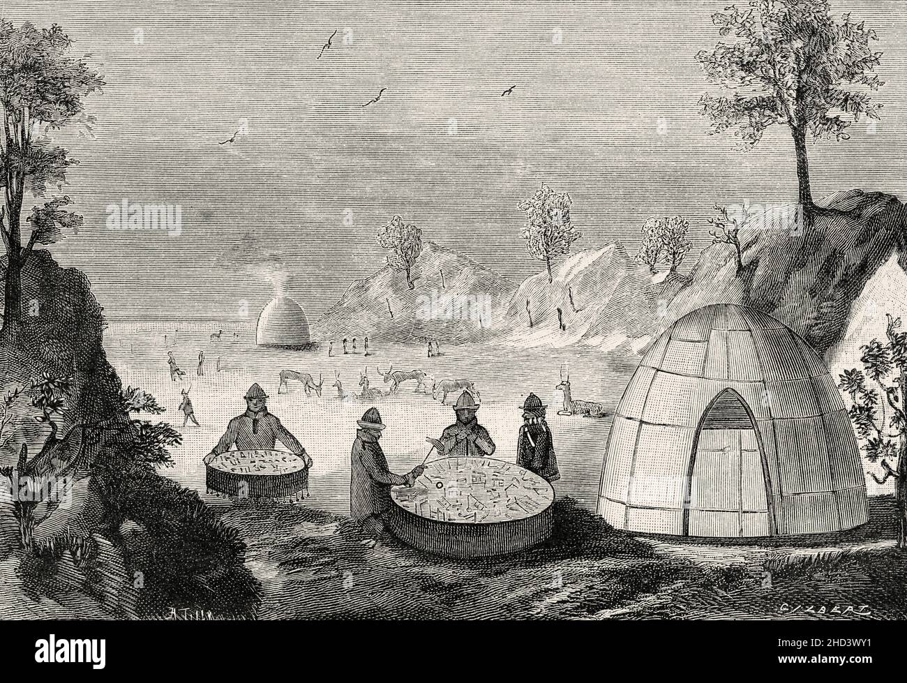 Stregone di Lapponia che predica il futuro per mezzo di un tamburo magico. Antica illustrazione del 19 ° secolo inciso da la Nature 1885 Foto Stock