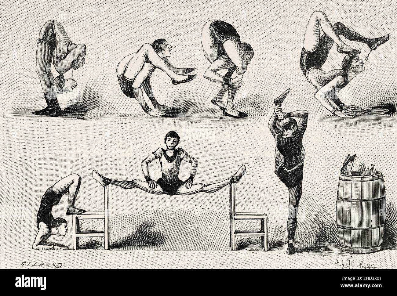 Vari esercizi di dislocazione eseguiti da acrobati circensi. Antica illustrazione del 19 ° secolo inciso da la Nature 1885 Foto Stock