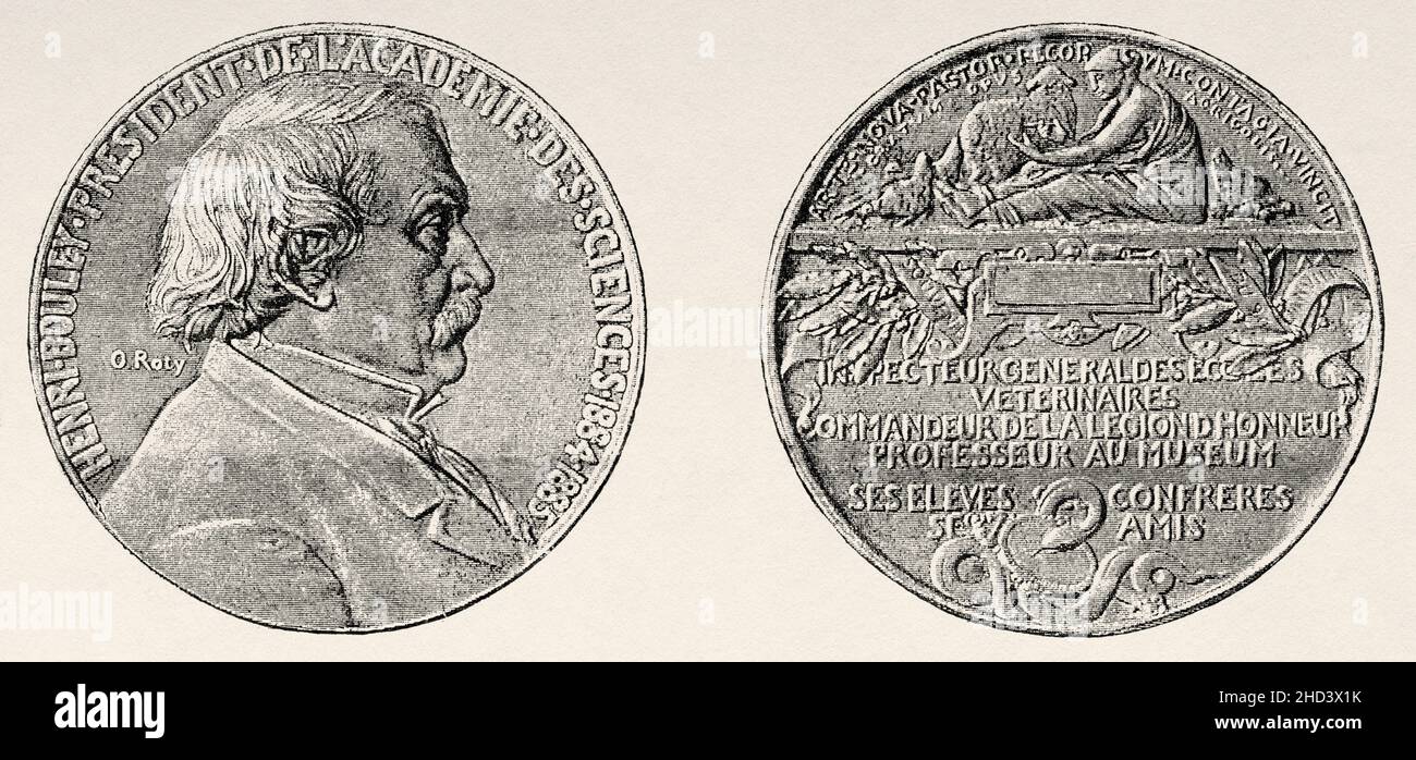 Henri Marie Bouley (1814-1885) è stato un veterinario e patologo francese pionieristico. La medaglia ha offerto a Bouley, presidente dell'Accademia delle scienze da parte dei suoi studenti, dei suoi colleghi e dei suoi amici, la Francia. Antica illustrazione del 19 ° secolo inciso da la Nature 1885 Foto Stock