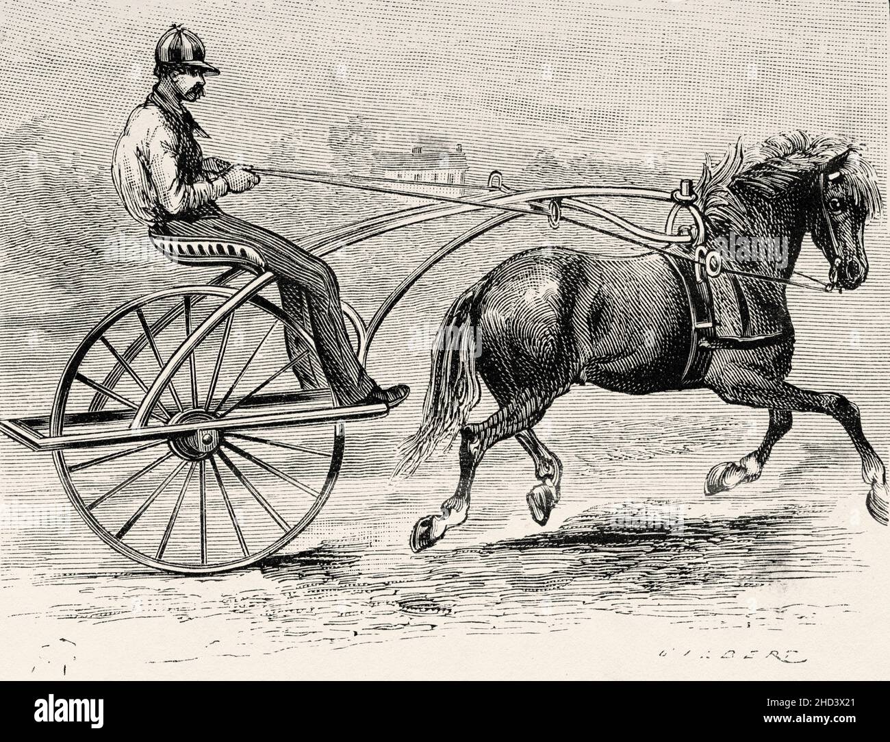 Vecchio carro americano a ruota singola trainato da un cavallo, USA. Antica illustrazione del 19 ° secolo inciso da la Nature 1885 Foto Stock