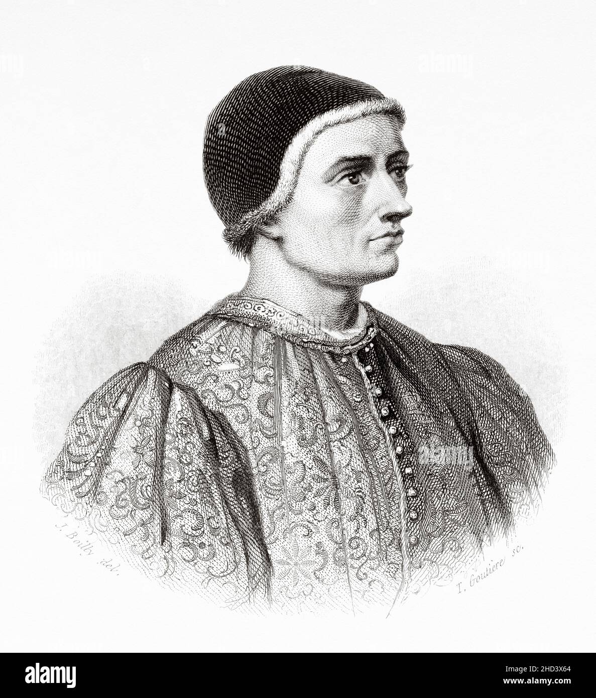 Jacques Jaques Coeur (1395-1456) era un funzionario del governo francese e mercante sponsorizzato dallo stato, la cui fortuna personale divenne leggendaria e portò alla sua eventuale disgrazia. Ha avviato regolari rotte commerciali tra la Francia e il Levante. Francia. Europa. Vecchio 19th secolo raffigurazione incisa da Portraits et histoire des hommes utilo di Societe Montyon et Franklin 1837 Foto Stock