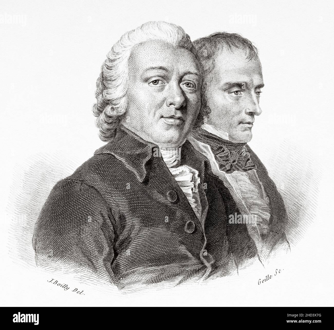 Pierre Joseph Desault (1744-1795) Anatomista francese illustre e chirurgo della fine del 18th secolo. Fu medico del figlio di Luigi XVI di Francia durante la sua prigionia nella prigione di Tour du Temple durante la Rivoluzione francese. Marie Francois Xavier Bichat (1771-1802), meglio conosciuta come Xavier Bichat, è stata una biologa, anatomista e fisiologo francese. Francia. Europa. Vecchio 19th secolo raffigurazione incisa da Portraits et histoire des hommes utilo di Societe Montyon et Franklin 1837 Foto Stock