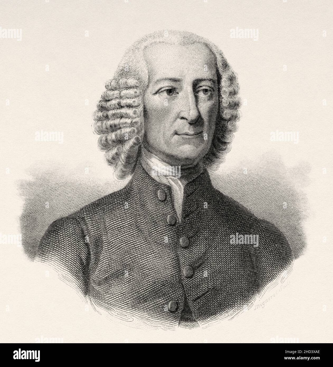 John Fothergill (1712-780) è stato un . I suoi scritti medici erano influenti e costruì un giardino botanico in quello che ora è West Ham Park a Londra. REGNO UNITO. Europa. Vecchio 19th secolo raffigurazione incisa da Portraits et histoire des hommes utilo di Societe Montyon et Franklin 1837 Foto Stock