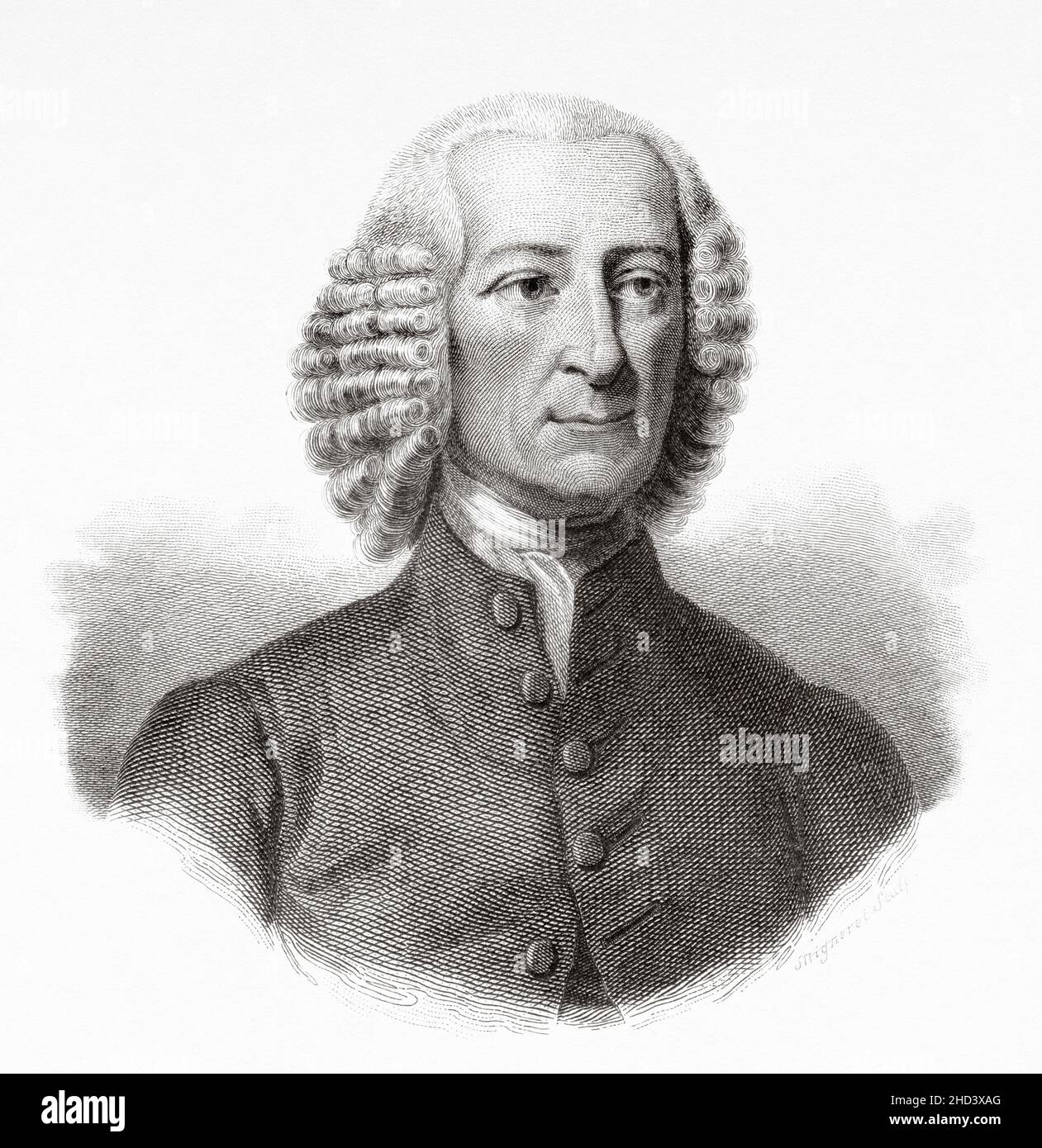 John Fothergill (1712-780) è stato un . I suoi scritti medici erano influenti e costruì un giardino botanico in quello che ora è West Ham Park a Londra. REGNO UNITO. Europa. Vecchio 19th secolo raffigurazione incisa da Portraits et histoire des hommes utilo di Societe Montyon et Franklin 1837 Foto Stock
