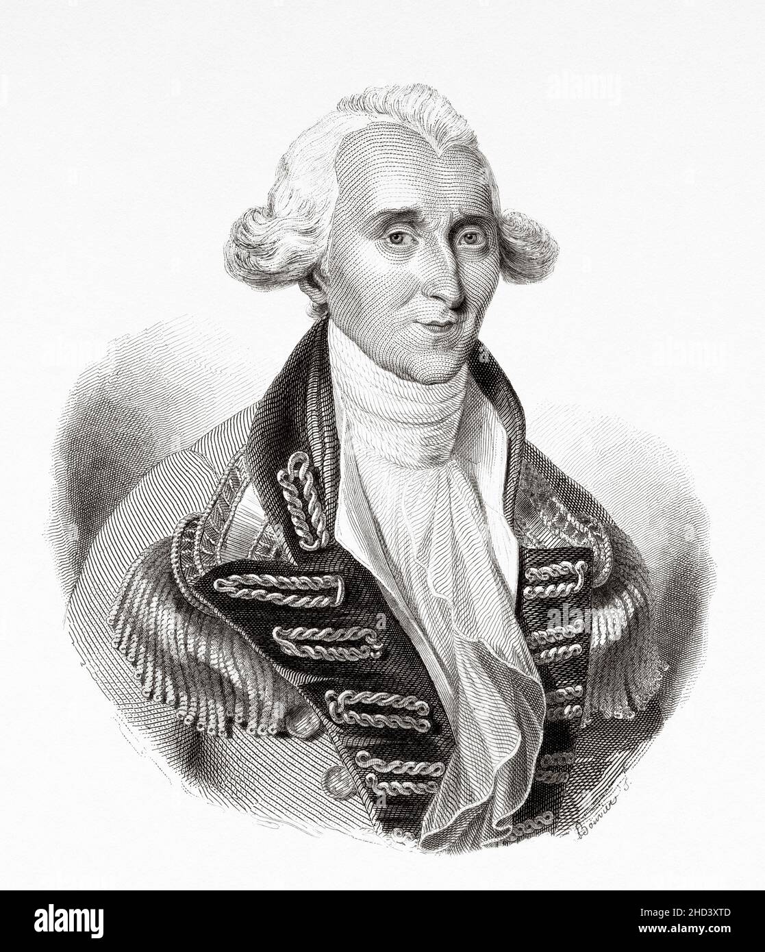 Il generale maggiore Claude Martin (1735-1800) era un ufficiale dell'esercito francese che serviva nelle società francesi, e successivamente nelle società britanniche dell'India orientale nell'India coloniale. Martin è salito al rango di maggiore generale nell'esercito bengala della British East India Company. Francia. Europa. Vecchio 19th secolo raffigurazione incisa da Portraits et histoire des hommes utilo di Societe Montyon et Franklin 1837 Foto Stock