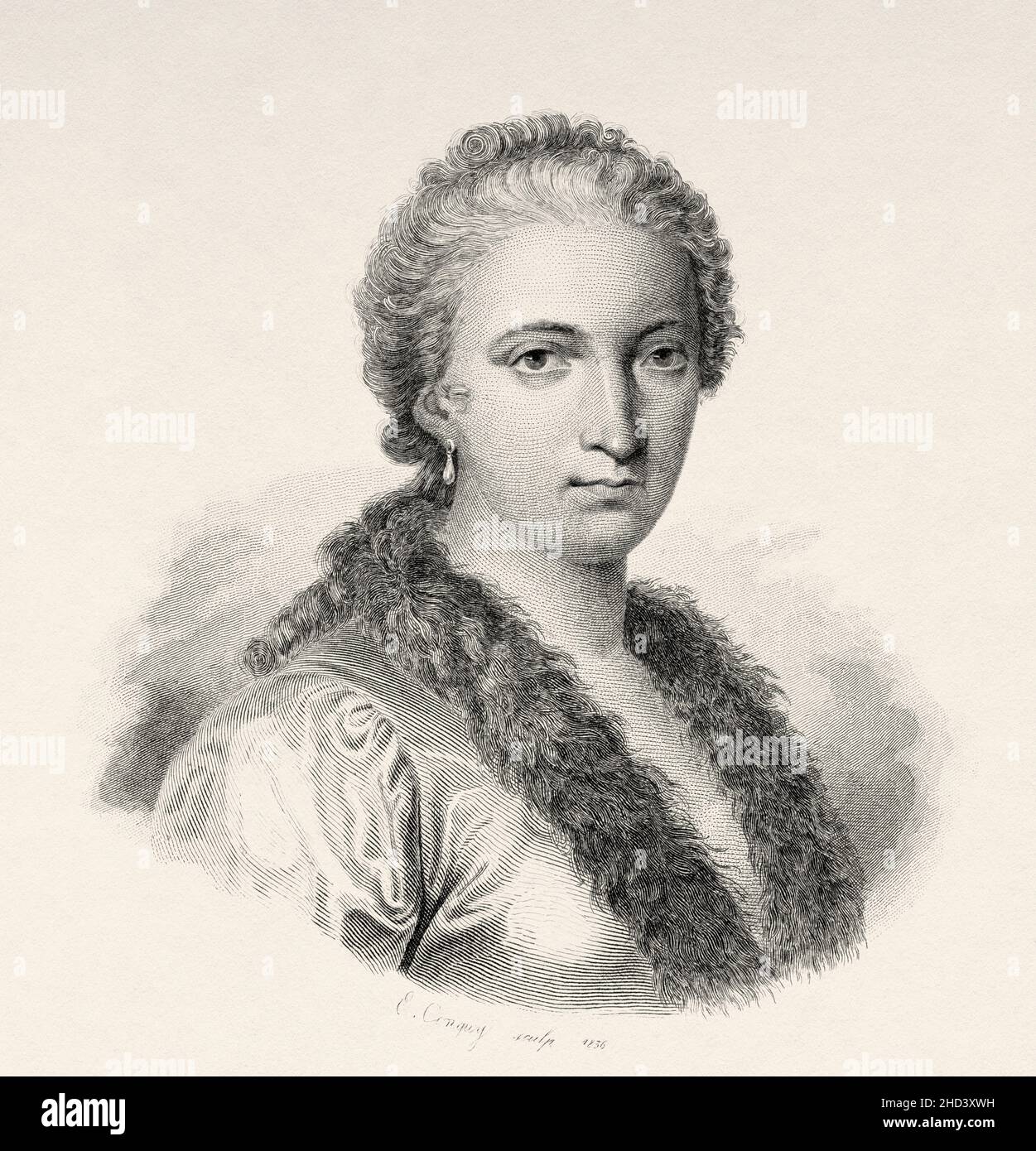 Maria Gaetana Agnesi (1718-1799) è stata una . Fu la prima donna a scrivere un manuale di matematica e la prima donna nominata professore di matematica in un'università. Le viene accreditato di scrivere il primo libro che discute sia il calcolo differenziale che integrale ed è stato membro della facoltà dell'Università di Bologna. Italia. Europa. Vecchio 19th secolo raffigurazione incisa da Portraits et histoire des hommes utilo di Societe Montyon et Franklin 1837 Foto Stock