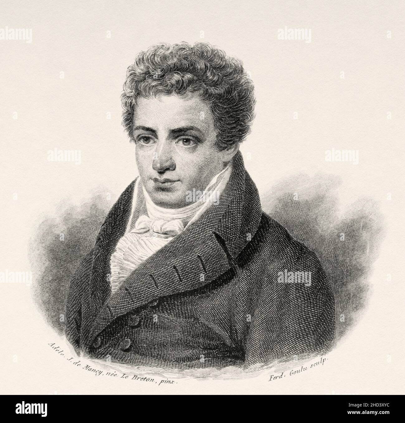 Robert Fulton (1765-1815) è stato un ingegnere e inventore americano che è ampiamente accreditato di sviluppare il primo battello a vapore commercialmente riuscito del mondo, il North River Steamboat, ha prodotto Nautilus, il primo sottomarino pratico nella storia. Vecchio 19th secolo raffigurazione incisa da Portraits et histoire des hommes utilo di Societe Montyon et Franklin 1837 Foto Stock