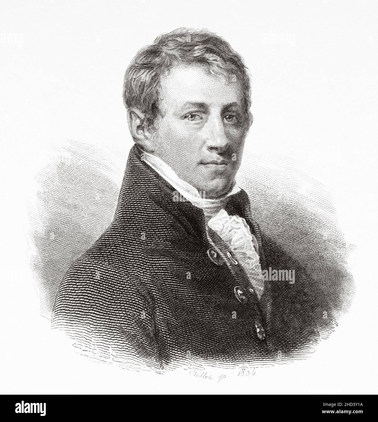 Sir Humphry Davy (1778-1829) 1st Baronet, era un chimico ed inventore della Cornovaglia che inventò la lampada di Davy ed una forma molto precoce di lampada ad arco. Nel 1799 sperimentò il protossido di azoto, così lo soprannominò ridendo gas. REGNO UNITO. Europa. Vecchio 19th secolo raffigurazione incisa da Portraits et histoire des hommes utilo di Societe Montyon et Franklin 1837 Foto Stock