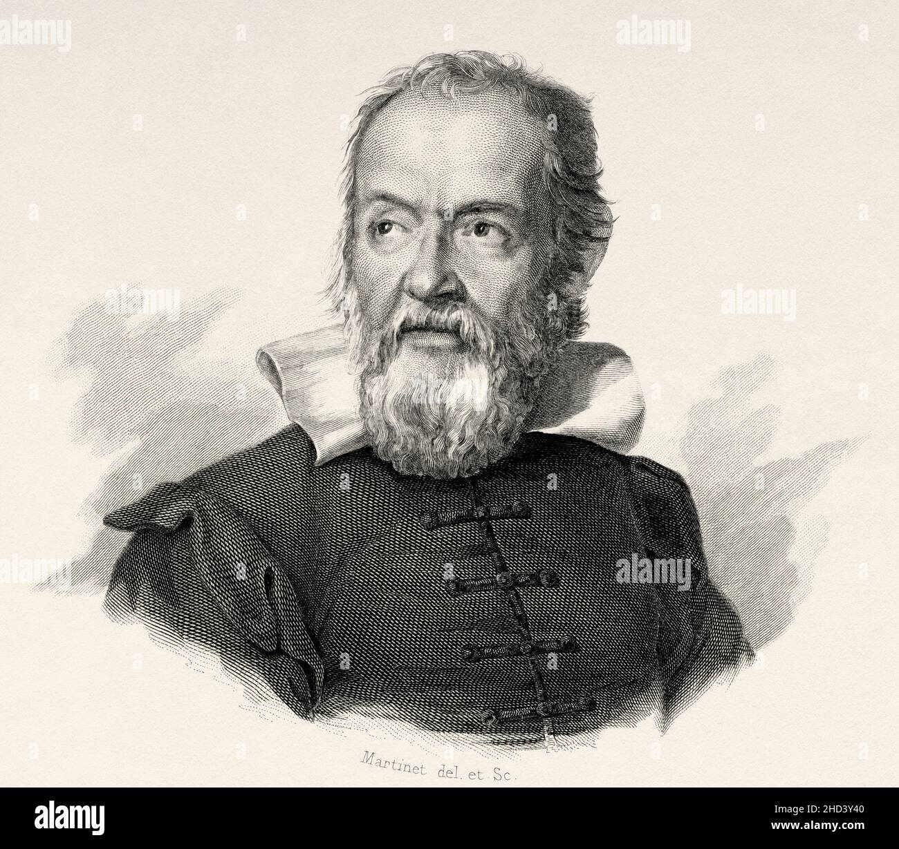 Galileo Galilei (1564-1642) 17th secolo matematico, geometro, fisico e astronomo italiano. Italia. Europa. Vecchio 19th secolo raffigurazione incisa da Portraits et histoire des hommes utilo di Societe Montyon et Franklin 1837 Foto Stock