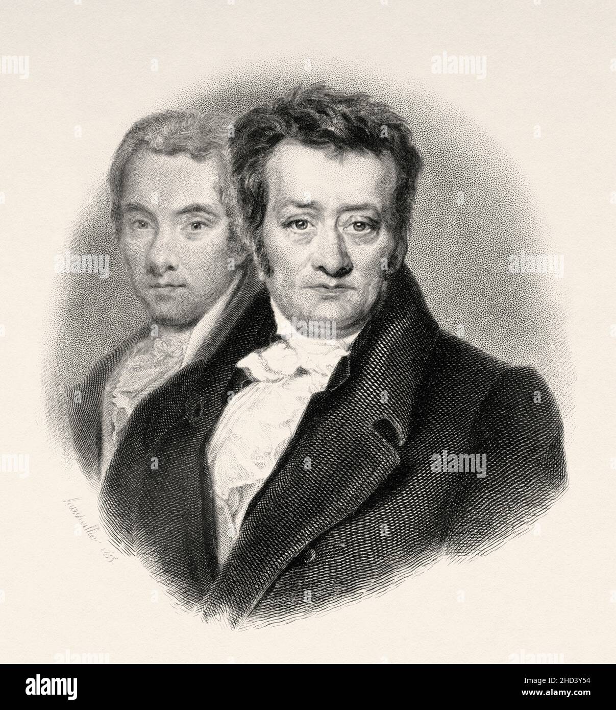 Thomas Clarkson (1760-1846) abolizionista inglese, leader nella campagna contro il commercio di schiavi nell'impero britannico. Aiutò a fondare la Società per aver portato all’abolizione del commercio degli schiavi, e contribuì a raggiungere l’approvazione dello Slave Trade Act del 1807, che pose fine al commercio britannico di schiavi. William Wilberforce (1759-1833) politico britannico, filantropo e leader del movimento per abolire il commercio degli schiavi. REGNO UNITO. Europa. Vecchio 19th secolo raffigurazione incisa da Portraits et histoire des hommes utilo di Societe Montyon et Franklin 1837 Foto Stock