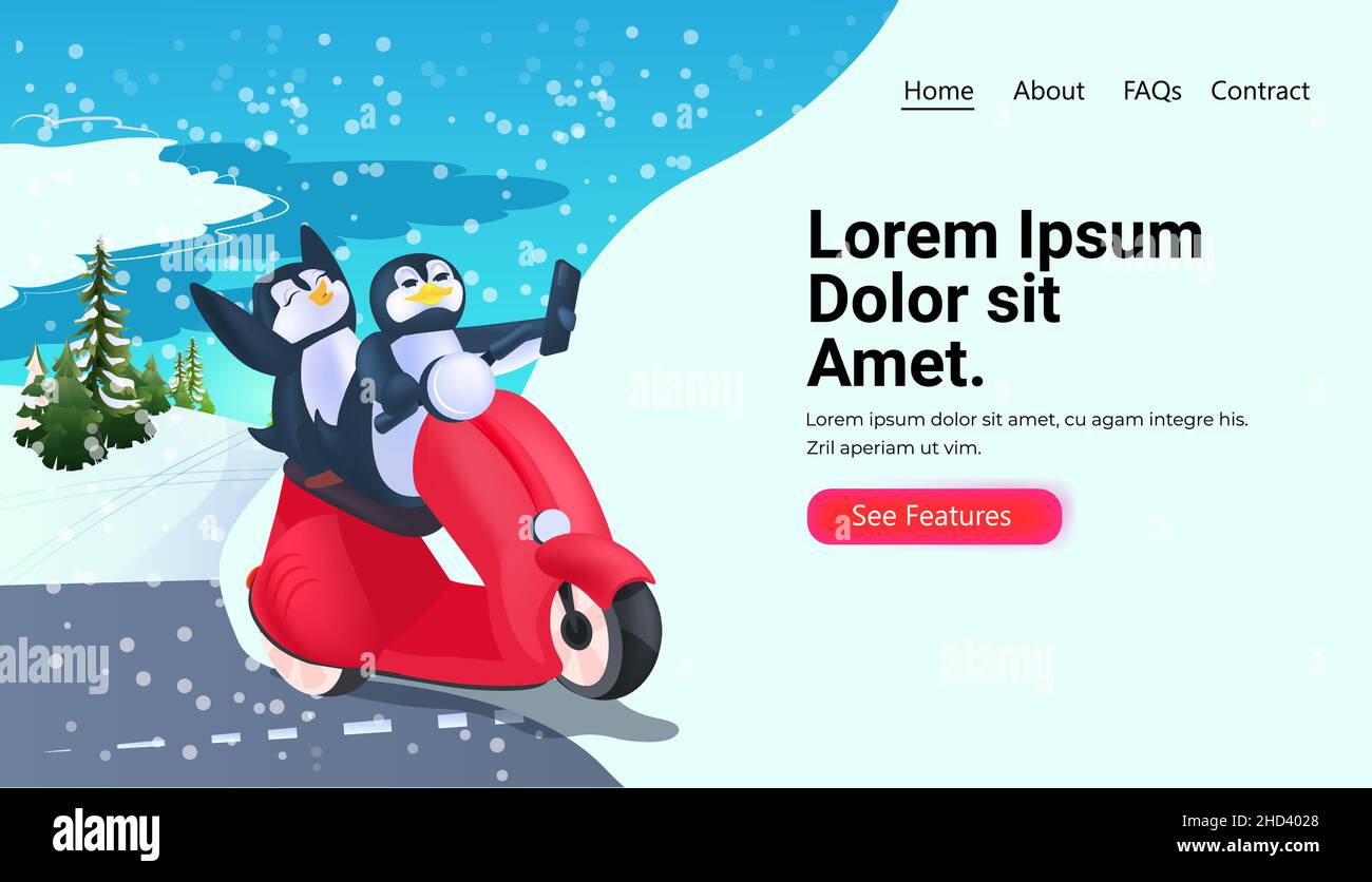 carino pinguini che guida scooter vinter vacanza concetto di viaggio Illustrazione Vettoriale