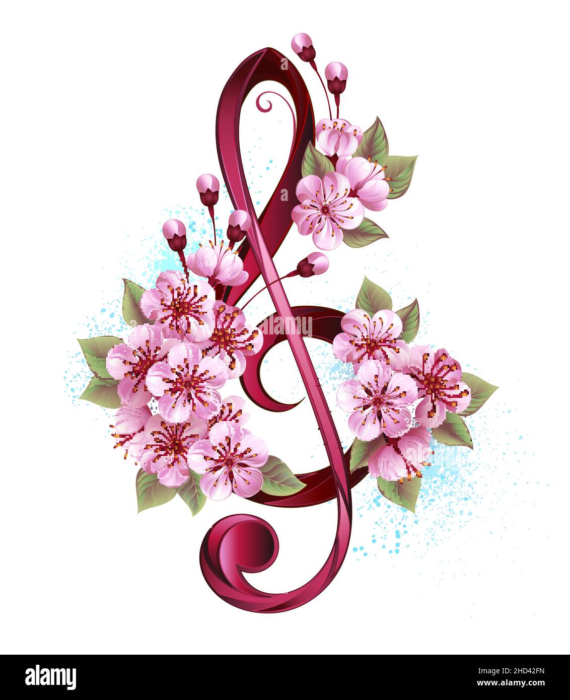 Clef alti rosa con delicati e dettagliati fiori di ciliegio giapponese rosa su sfondo bianco dipinto su vernice blu chiaro. saku rosa in fiore Illustrazione Vettoriale