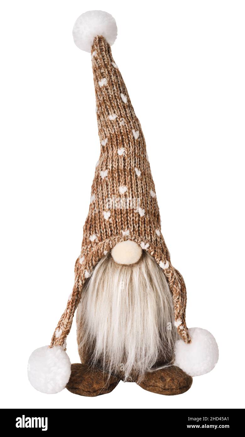 DIY gnome scandinavo in cappello marrone lavorato a maglia con motivo a cuore isolato su sfondo bianco Foto Stock