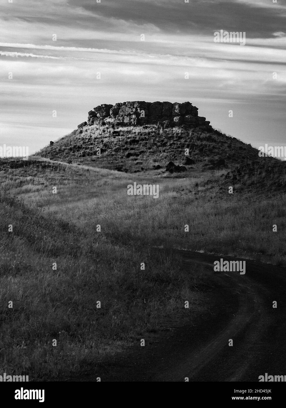 Foto in scala di grigi verticale di una formazione rocciosa sulle colline di Palouse a Washington Foto Stock