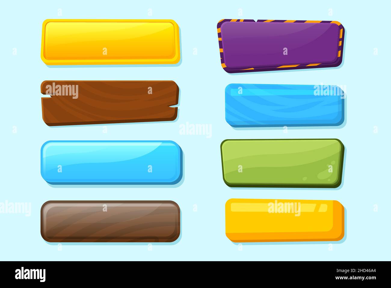 Pulsanti del pannello UI. Pulsante di gioco in legno, elementi di design della scheda del menu. Applicazione web per il gioco di grafica cartoon, barra ambiente mobile set vettoriale recente Illustrazione Vettoriale