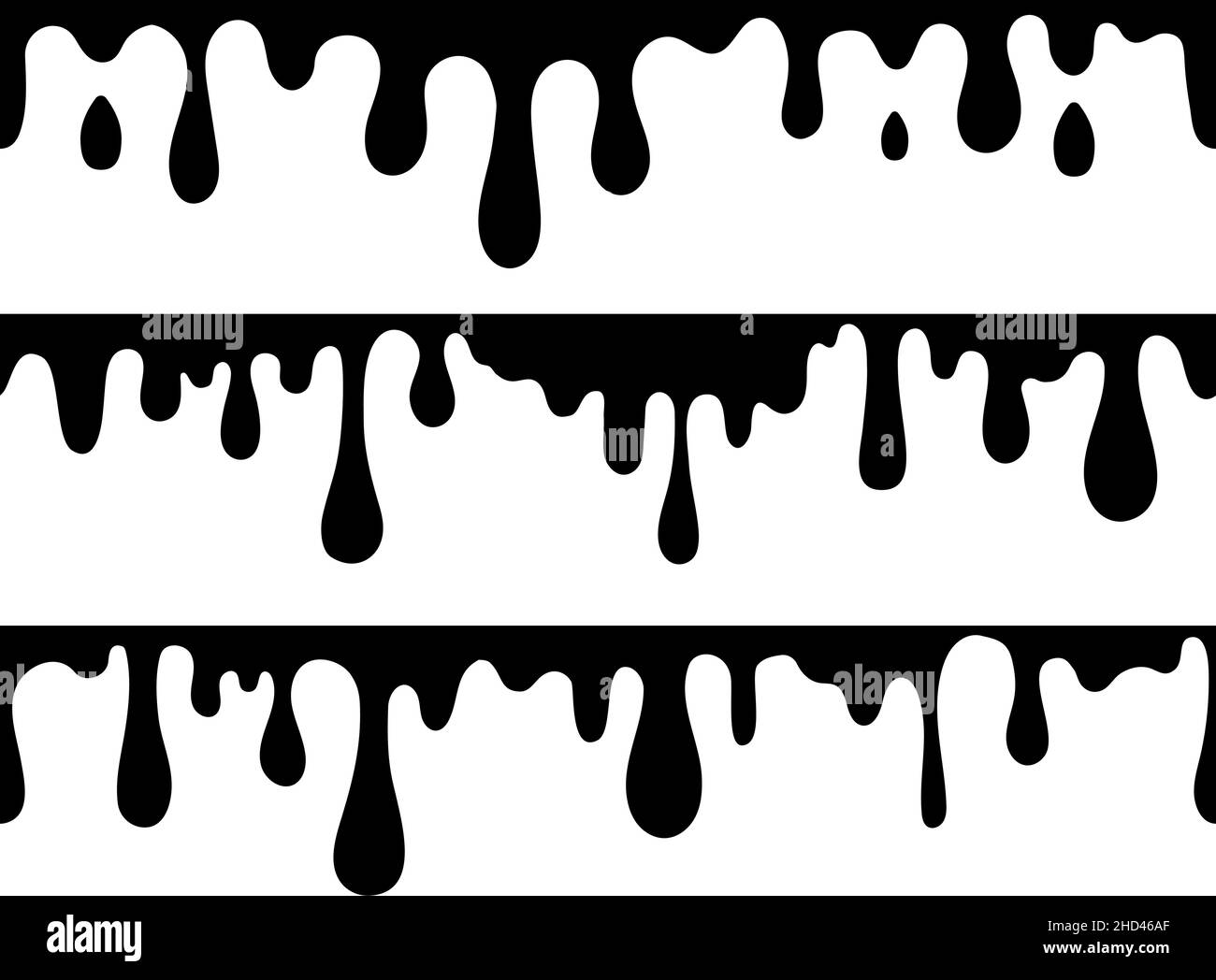 Elementi gocciolanti senza giunzioni. Disegno a goccia, bordo nero fuso. Forme di flusso dell'inchiostro, gocce isolate fluiscono. Vettore decente graffiti liquidi Illustrazione Vettoriale