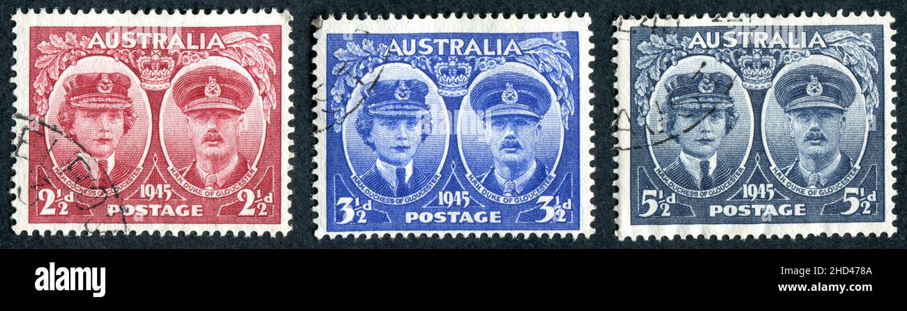 Una serie di francobolli australiani a 1945 emissione con il duca e la duchessa di Gloucester. Il principe Enrico, duca di Gloucester, fu governatore generale dell'Australia dal 30 gennaio 1945 al 11 marzo 1947. I francobolli sono stati disegnati ed incisi da Frank D. Manley. Foto Stock