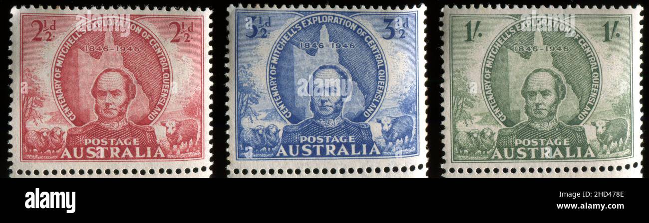 Una serie di francobolli australiani in edizione 1946 che commemorano il centenario dell'esplorazione di Sir Thomas Mitchell nel Queensland centrale, Australia. I francobolli sono stati disegnati ed incisi da Frank D. Manley. Foto Stock
