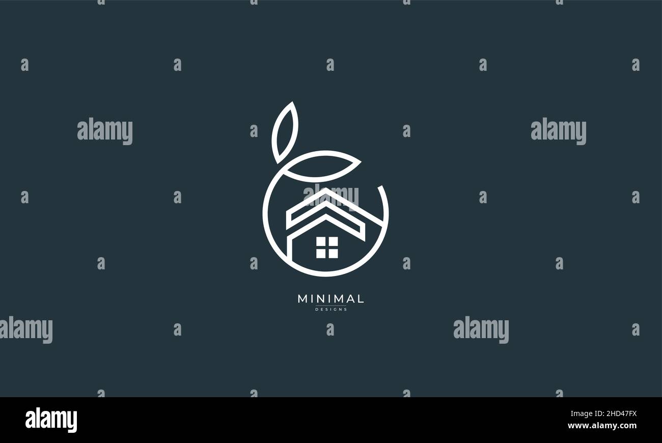 Un logo di icona di arte di linea di una casa / casa con un cerchio di foglie Illustrazione Vettoriale