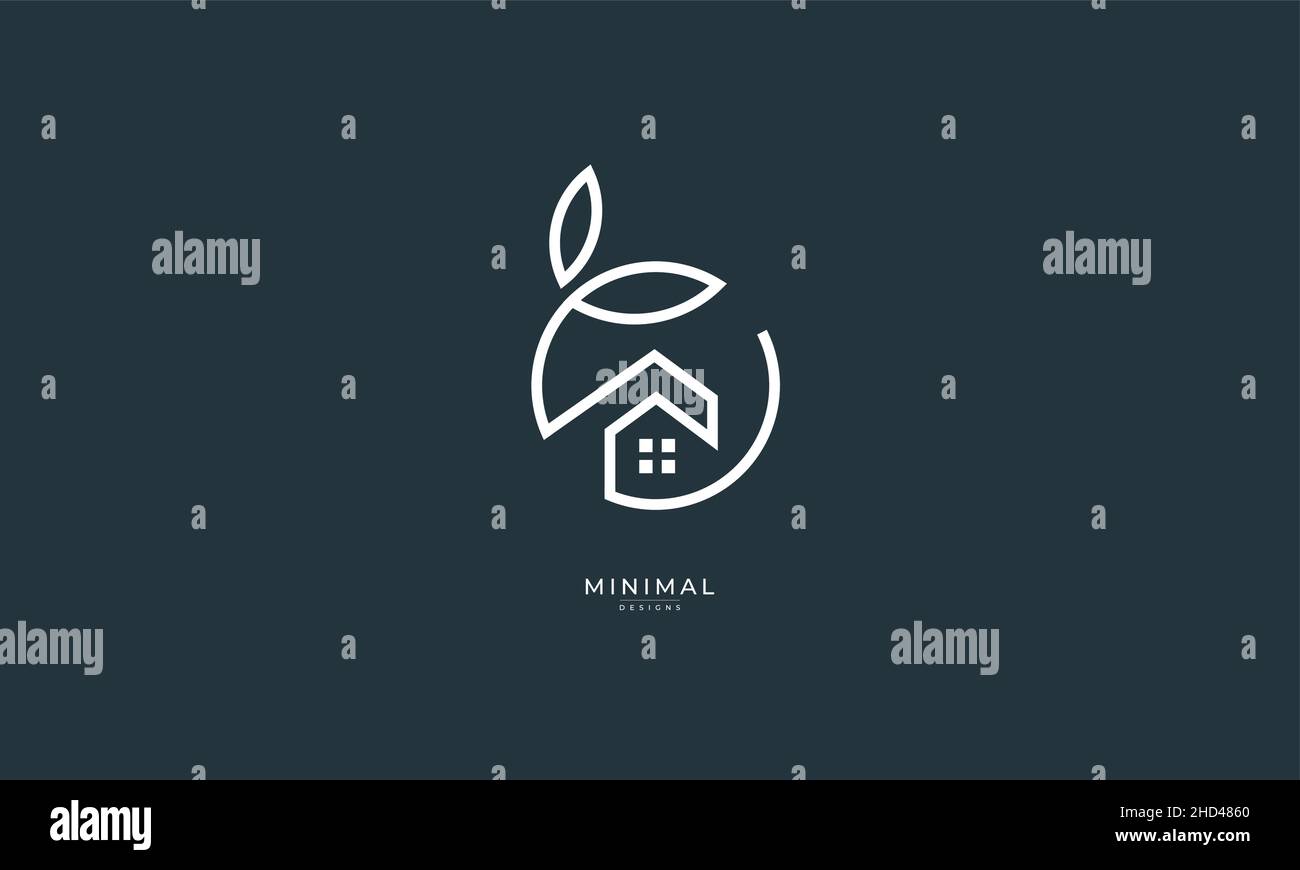 Un logo di icona di arte di linea di una casa / casa con un cerchio di foglie Illustrazione Vettoriale