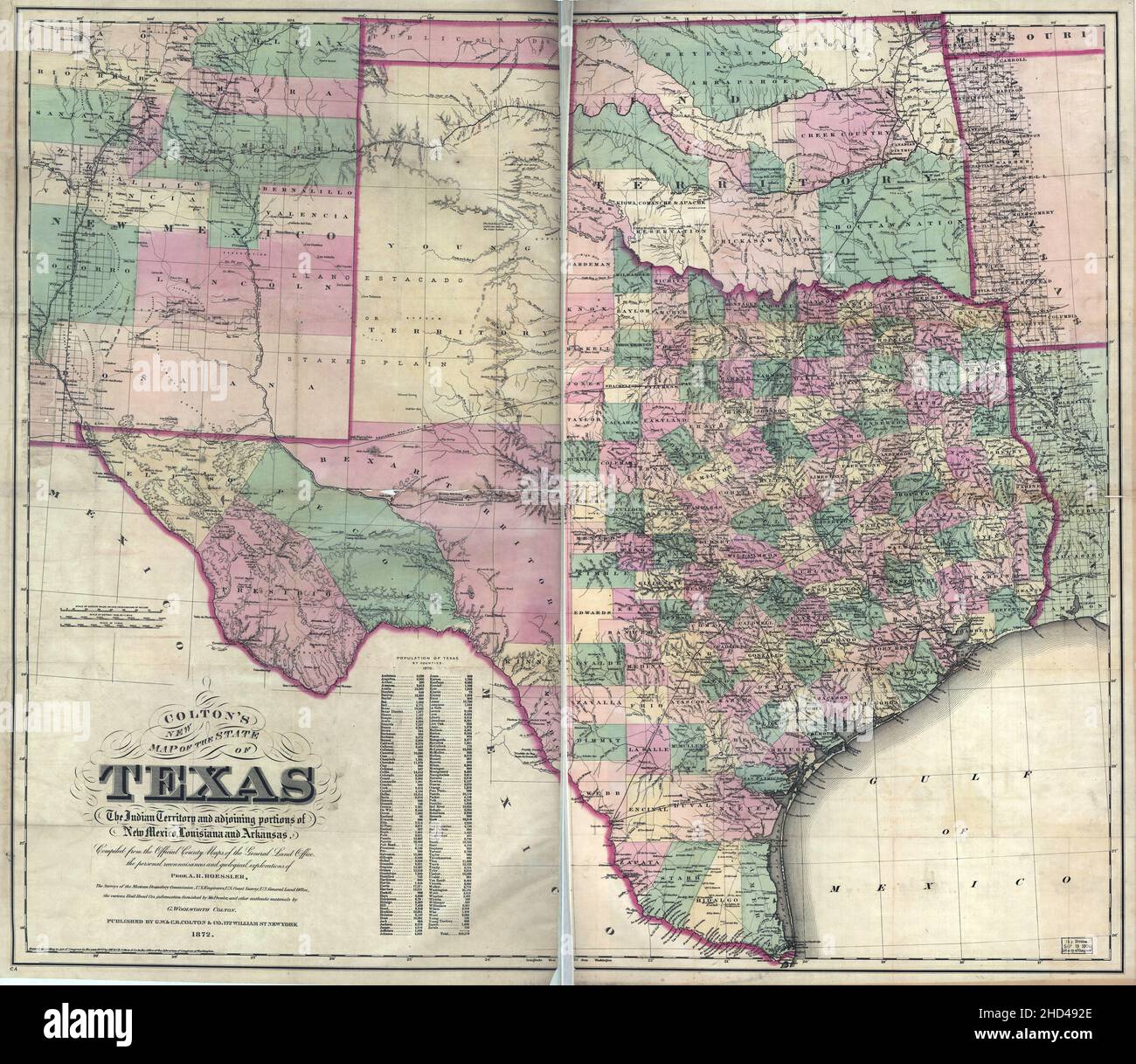 Una mappa della contea in stile vintage del Texas nel XVIII-XIX secolo Foto Stock