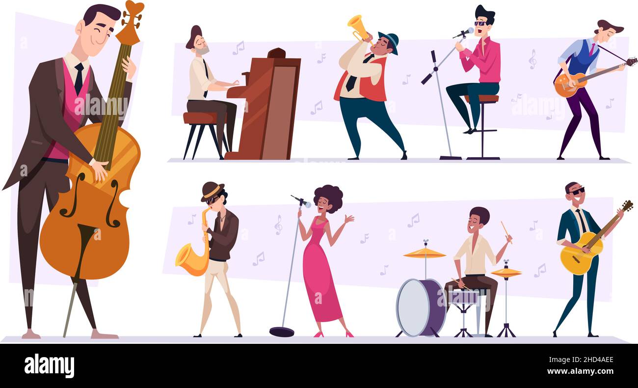Jazz band. Cartoon musicisti personaggi suonare su sax chitarra e pianoforte persone performance set vettoriale esatto Illustrazione Vettoriale
