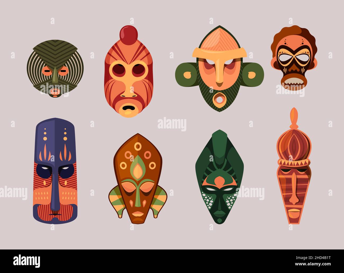 Maschera tribale. African cerimonia spirito rituale maschere colorate varie emotivo etno selvaggio volti animali Garish vettore flat collezione di immagini Illustrazione Vettoriale