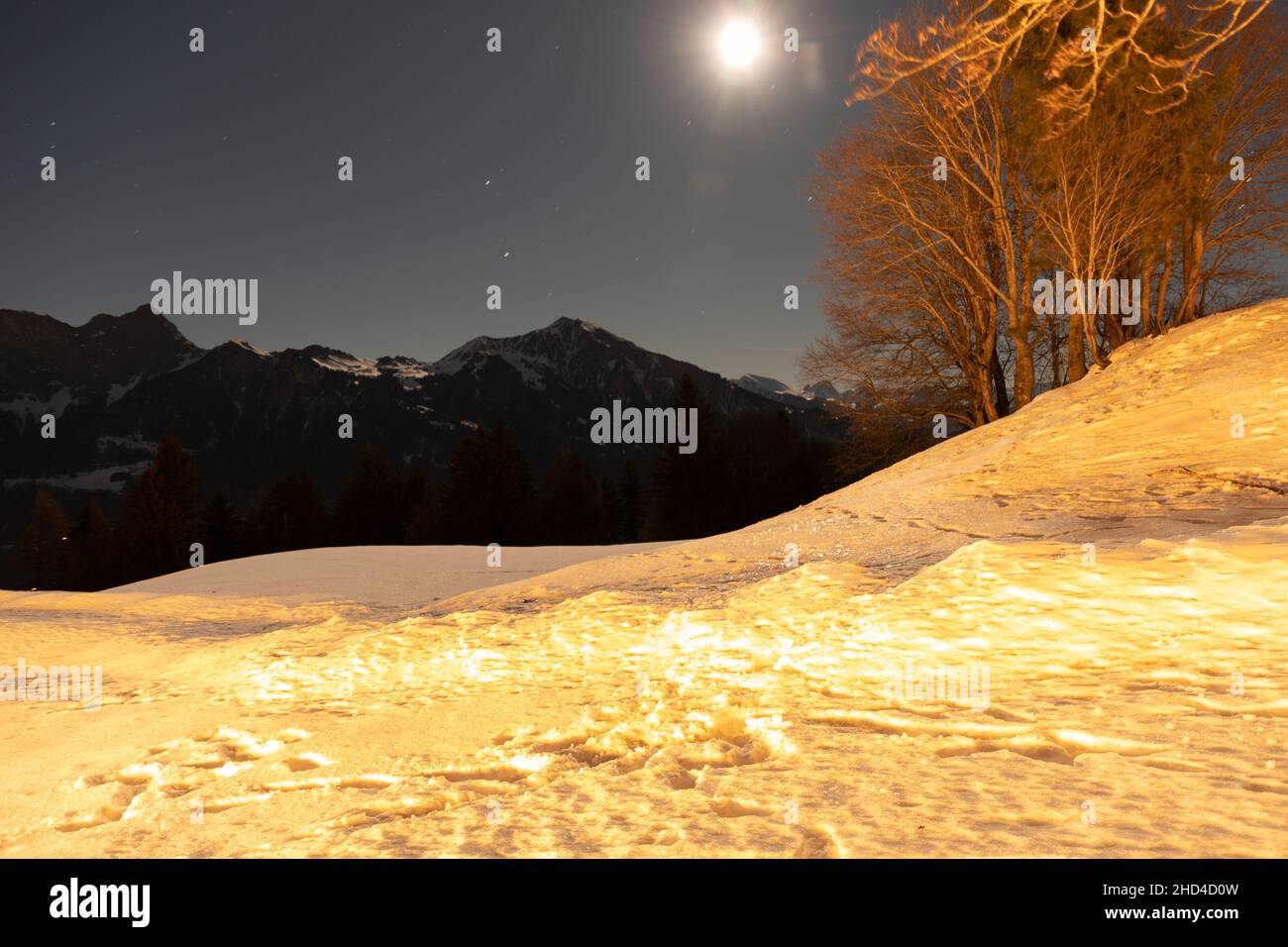 Saint Margrethenberg, Svizzera, 19 dicembre 2021 Luna piena su un campo innevato di notte con modus bullp Foto Stock