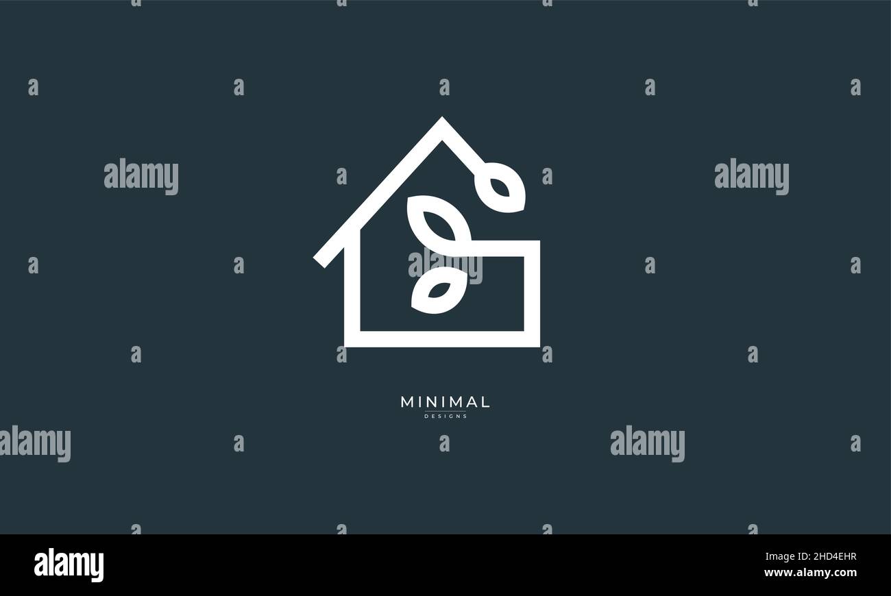 Un logo icona di una linea di arte di una casa/casa con una foglia/albero Illustrazione Vettoriale
