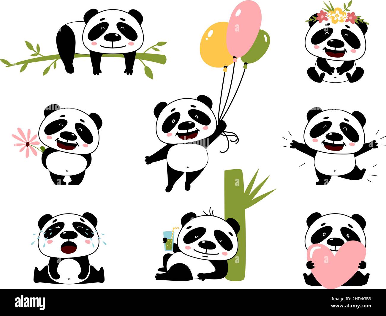 Personaggi dei panda dei cartoni animati. Adesivi panda, pose carine di animali da zoo cinese. Isolato orso divertente selvaggio che tiene bambù, cuore e palloncini, di classe Illustrazione Vettoriale