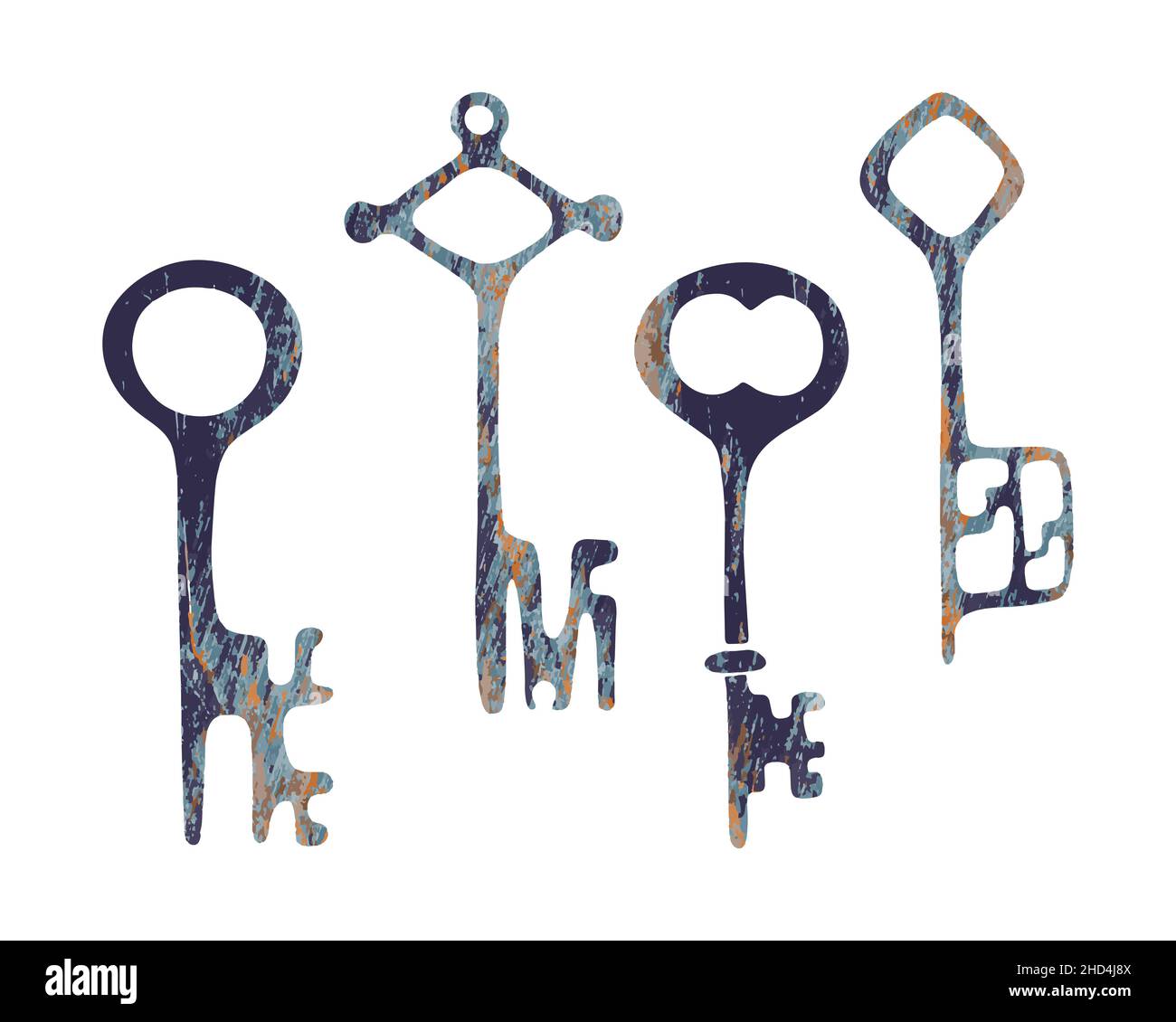 Vecchio set di chiavi vintage, isolato, sfondo bianco. Barbatella disegno a mano, tastatura. Illustrazione vettoriale Illustrazione Vettoriale