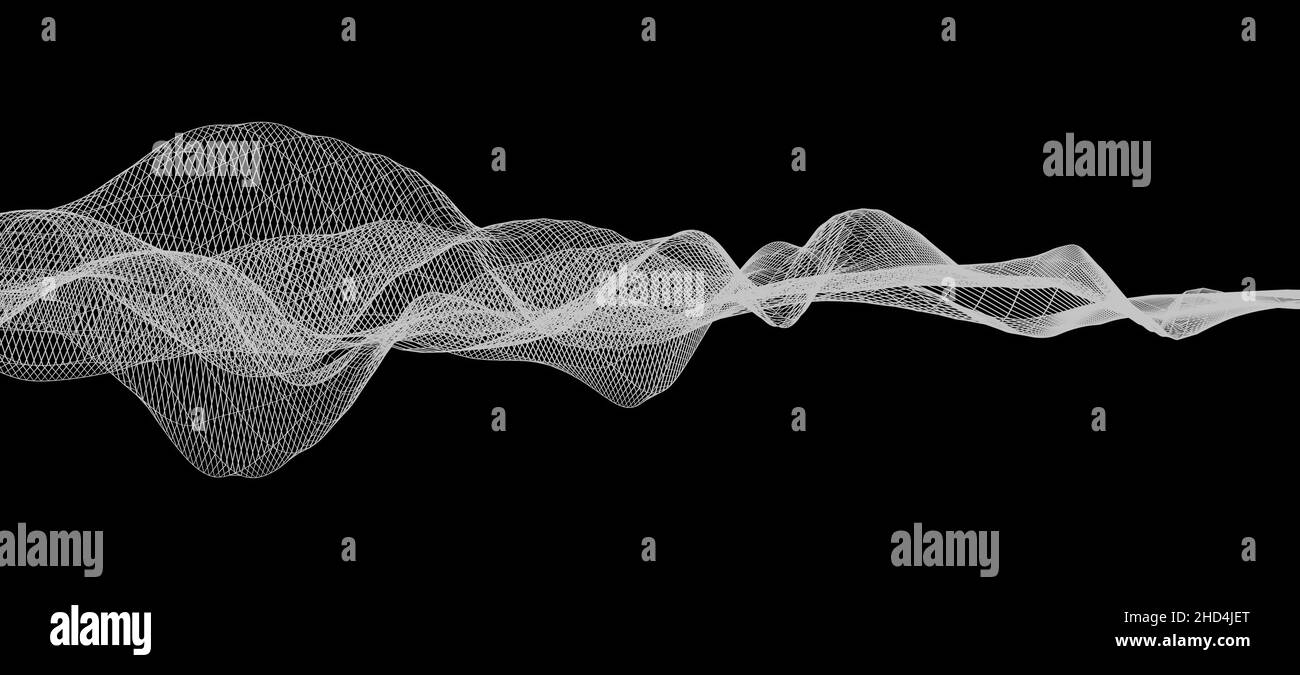 Forma d'onda a reticolo bianca astratta o struttura poligonale su sfondo nero, visualizzazione delle onde sonore, concetto acustico Foto Stock