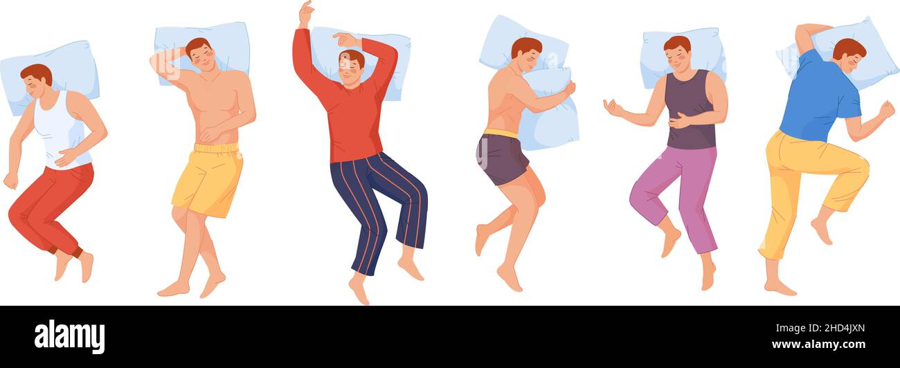 L'uomo dorme a letto. Posti letto maschili, illustrazione vettoriale. Il rilassamento maschile e la menzogna, in posa, persona che dorma, corpo diverse pose Illustrazione Vettoriale