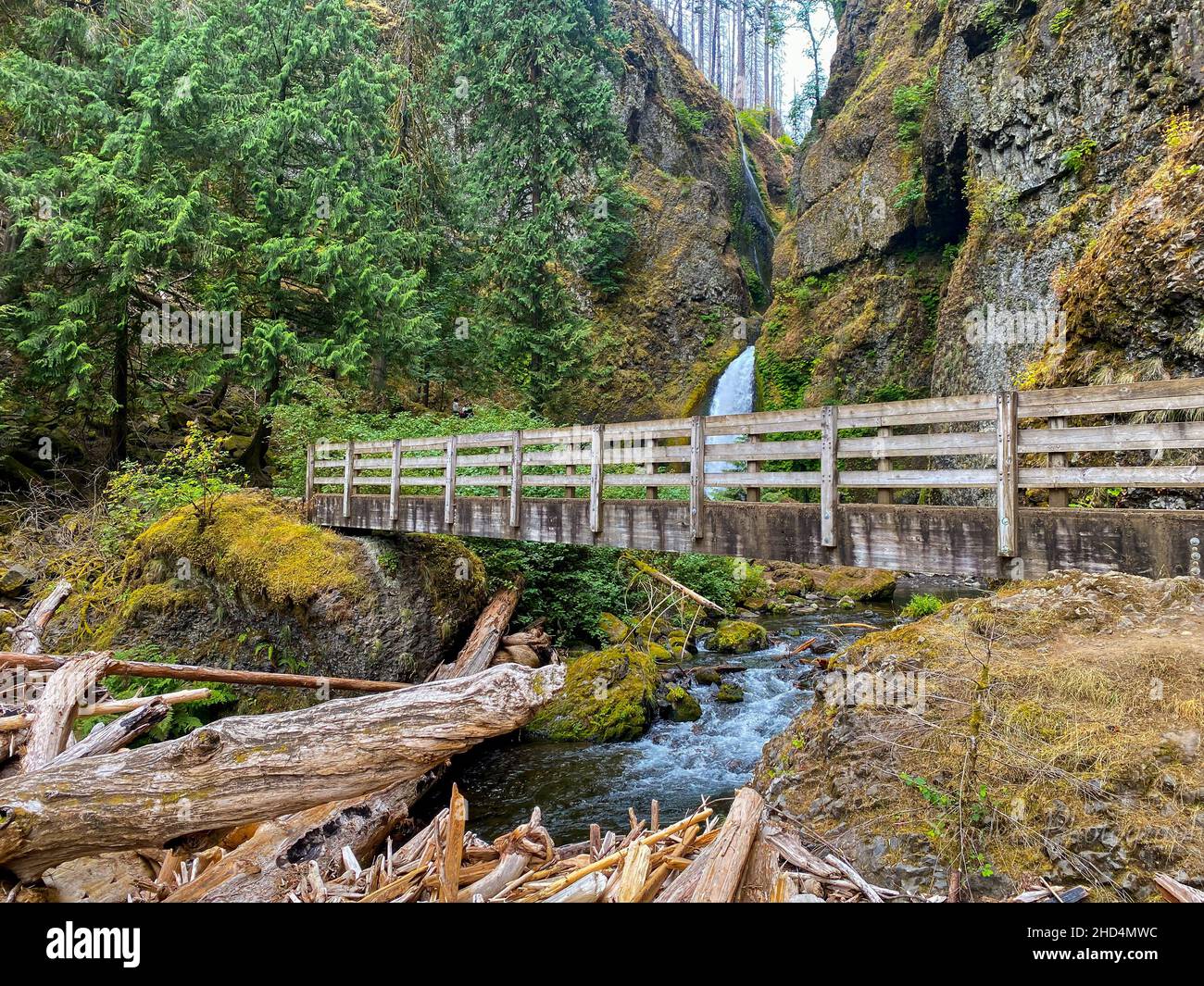 Vecchio ponte di legno sulla gola del fiume Tanner Creek con cascate Wahlclella che scorrono negli Stati Uniti Foto Stock