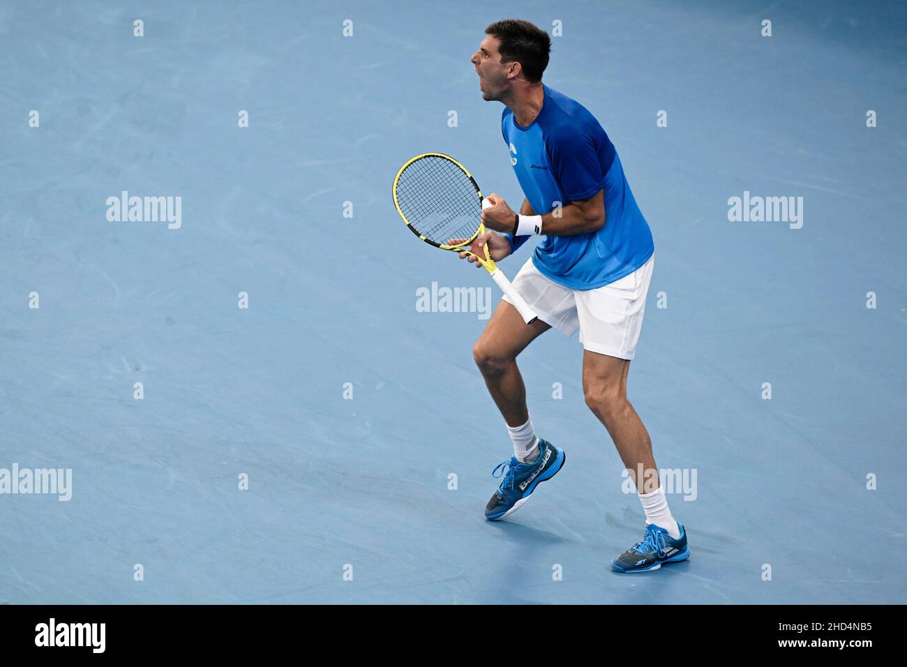 Sydney, Australia. 3rd gennaio 2022: Ken Rosewall Arena, Sydney Olympic Park, Sydney, Australia; torneo di tennis ATP Cup, Day 3 Grecia versus Argentina; Federico Delbonis del Team Argentina reagisce dopo aver vinto un punto critico nella sua partita contro Michail Pervolarakis del Team Greece Credit: Action Plus Sports Images/Alamy Live News Foto Stock