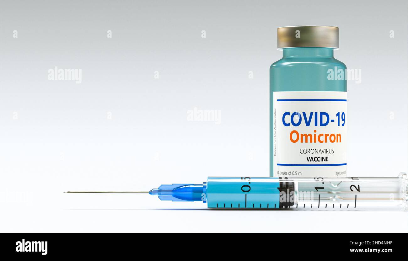 siringa e vaccino omicron covid-19. 3d rendering Foto Stock