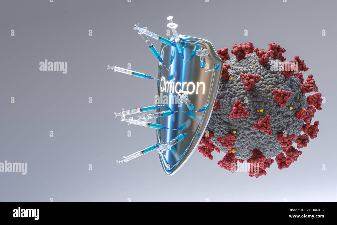 omicron variant shield che protegge il virus covid-19 dal vaccino. 3d rendering Foto Stock