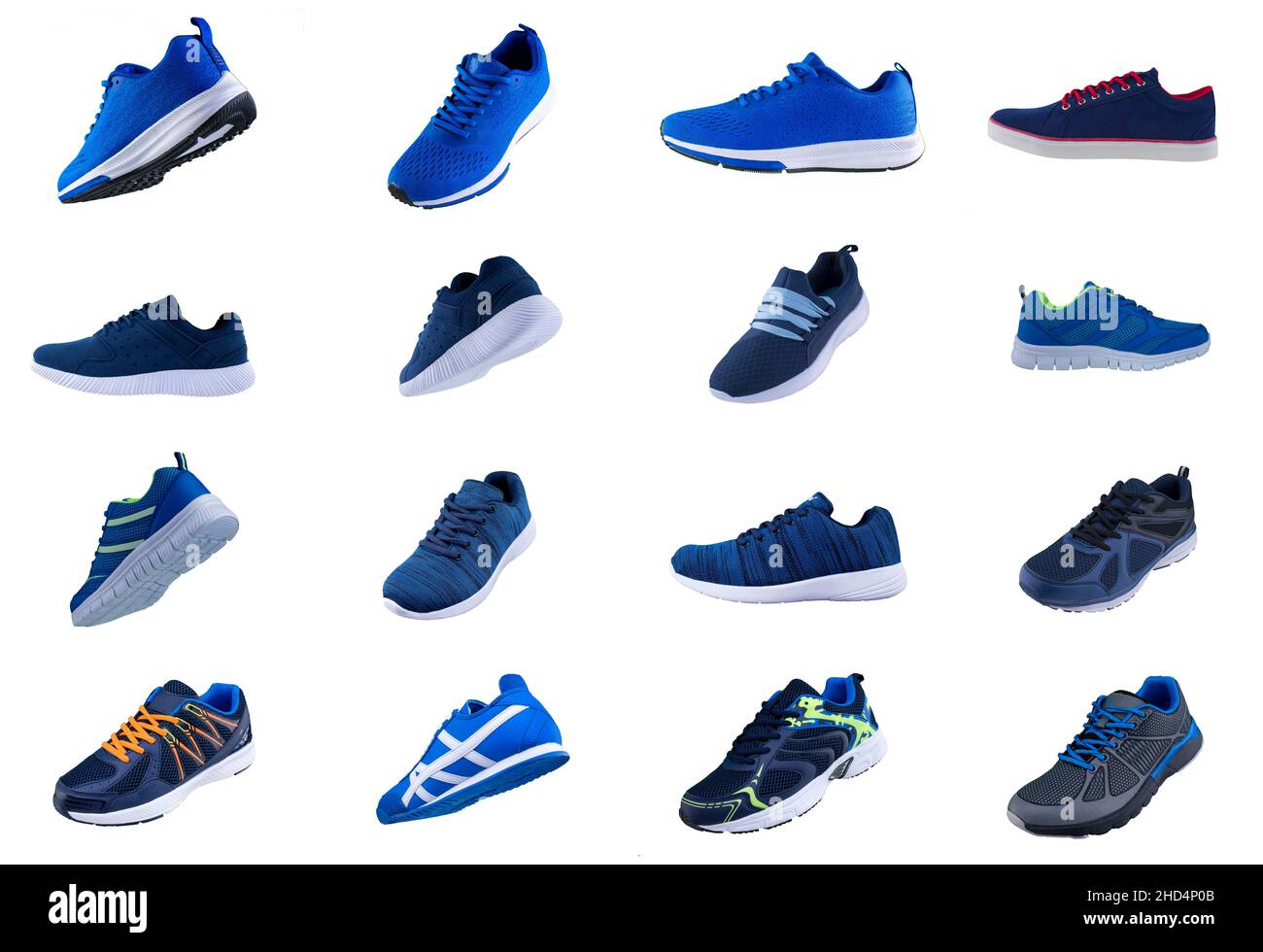 Collage di sneakers blu Un sacco di scarpe sportive. Foto Stock