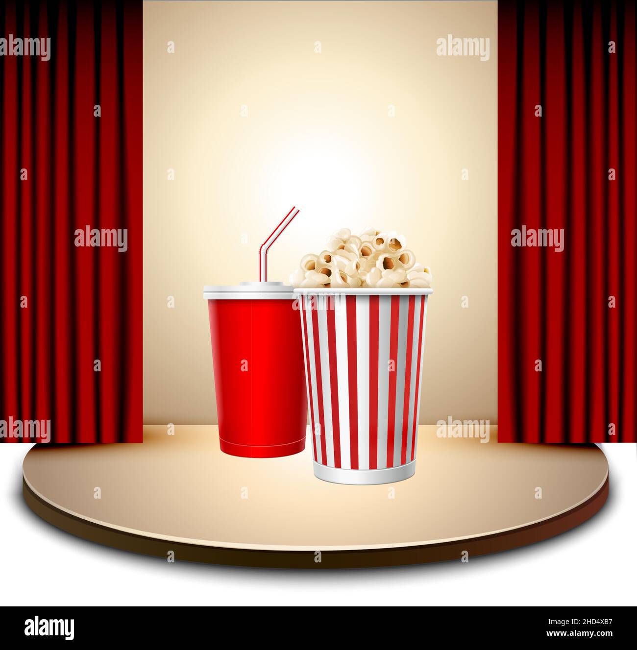 Rappresentazione del fast food su una scena cinematografica a cortina rossa Illustrazione Vettoriale