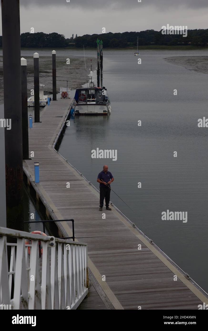 Pesca lungo un canale d'acqua nel porto di Chichester. Foto Stock