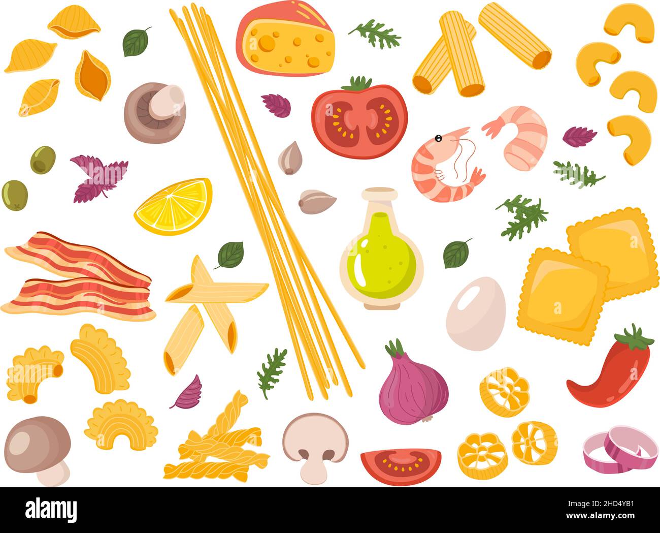Cartoon pasta alimentare. Prodotti secchi italiani, semolini semilavorati non cotti, diversi tipi, spaghetti crudi, tagliatelle, fusilli e ortaggi; frutti di mare Illustrazione Vettoriale