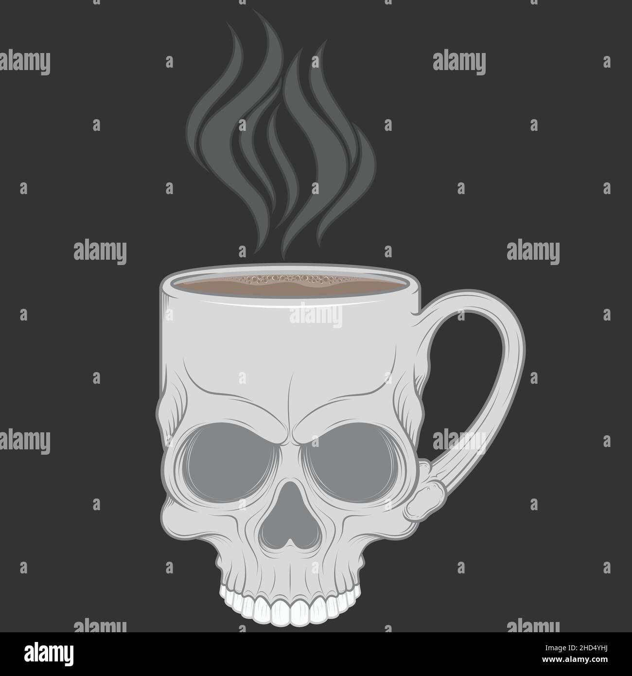 Illustrazione della tazza a forma di cranio con caffè caldo, bevanda calda in un cranio umano Illustrazione Vettoriale