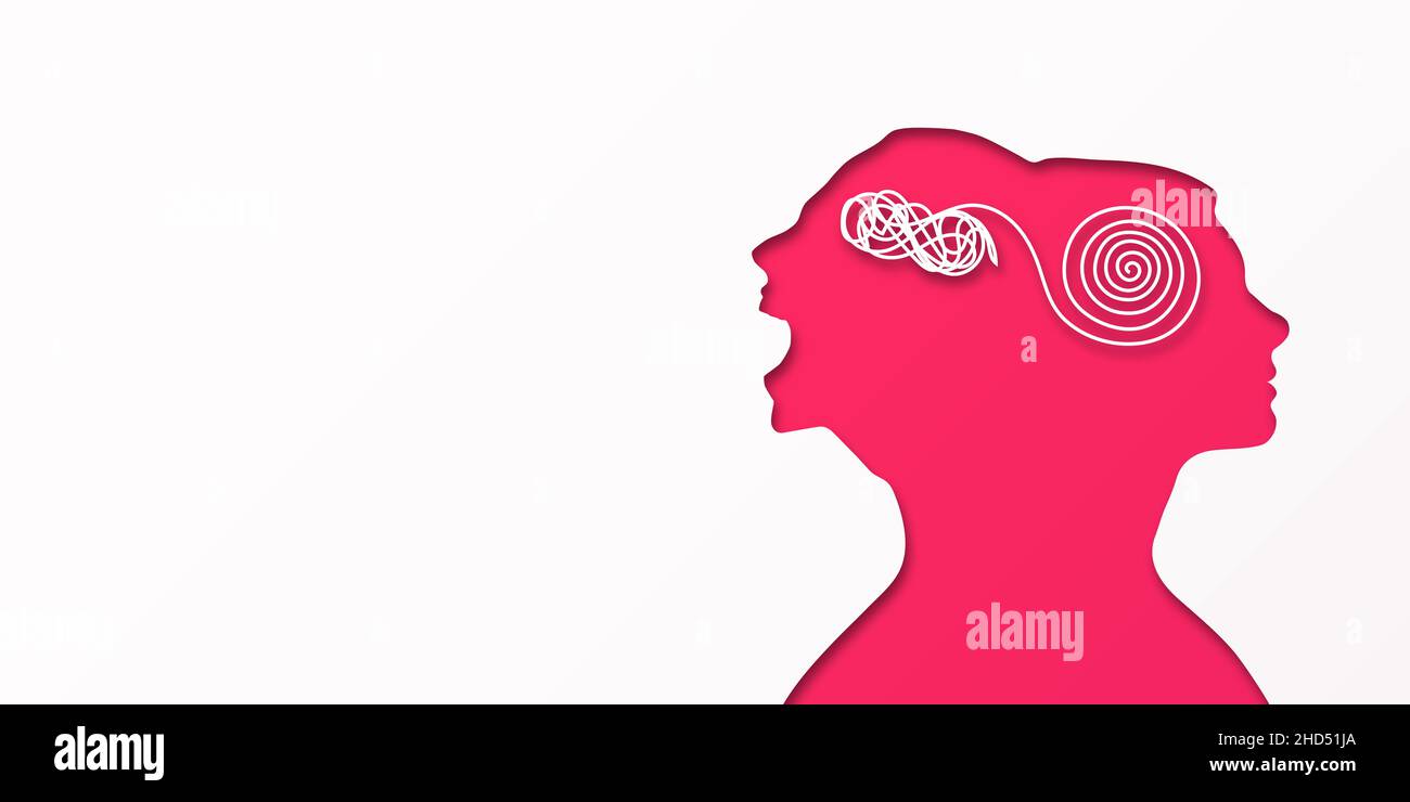 Disturbo bipolare mentale mentale. Doppia silhouette della testa di una donna. La metafora divide la personalità. Psicologia delle persone. Disturbo d'umore di concetto. Doppio vantaggio Foto Stock