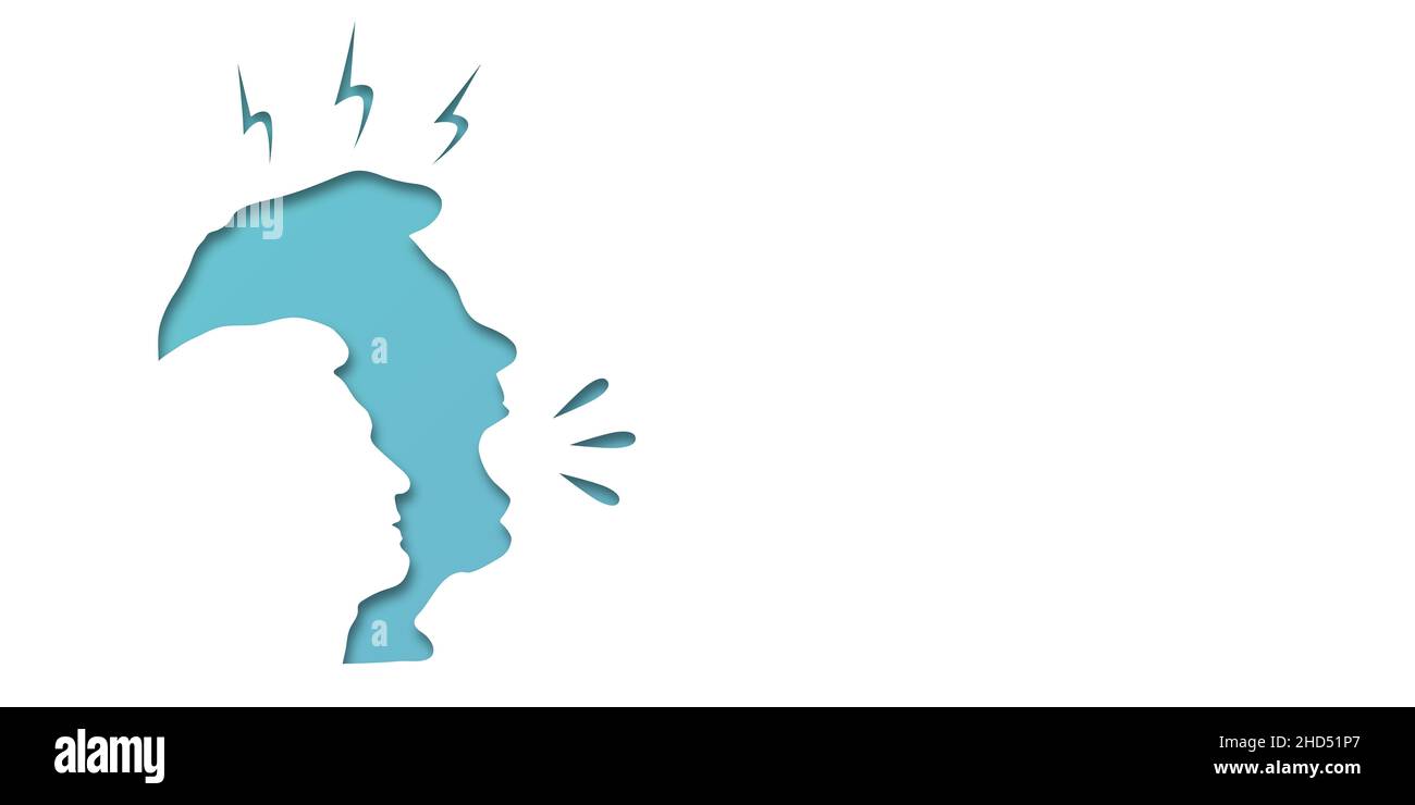 Ragazzo arrabbiato urla. Uomo frustrato con problema nervoso. Ansia, panico e confusione di pensieri. Disturbi mentali e caos nella coscienza. Vettore i Foto Stock