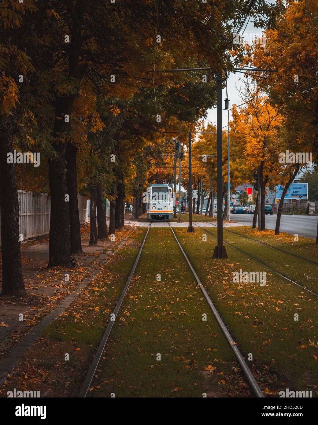 Bella scena autunnale a Bucarest con un tram sulle sue piste Foto Stock