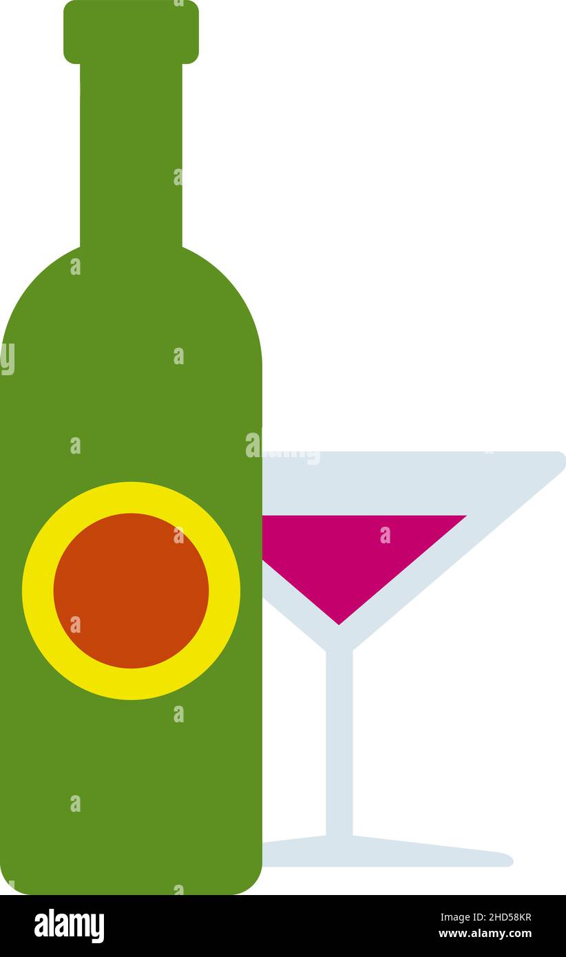 Bottiglia e bicchiere di vino. Segno di alcool. Icona celebrazione Illustrazione Vettoriale