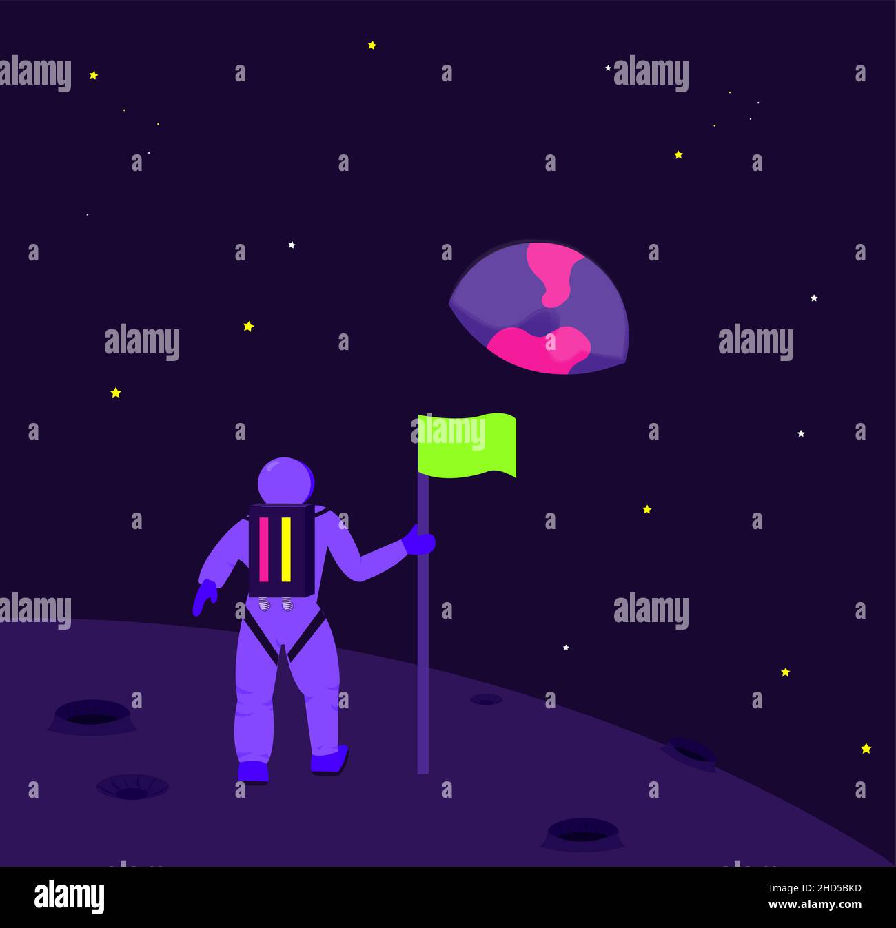 Astronauta su un pianeta o sulla luna guardando la Terra, illustrazione del futuro Illustrazione Vettoriale