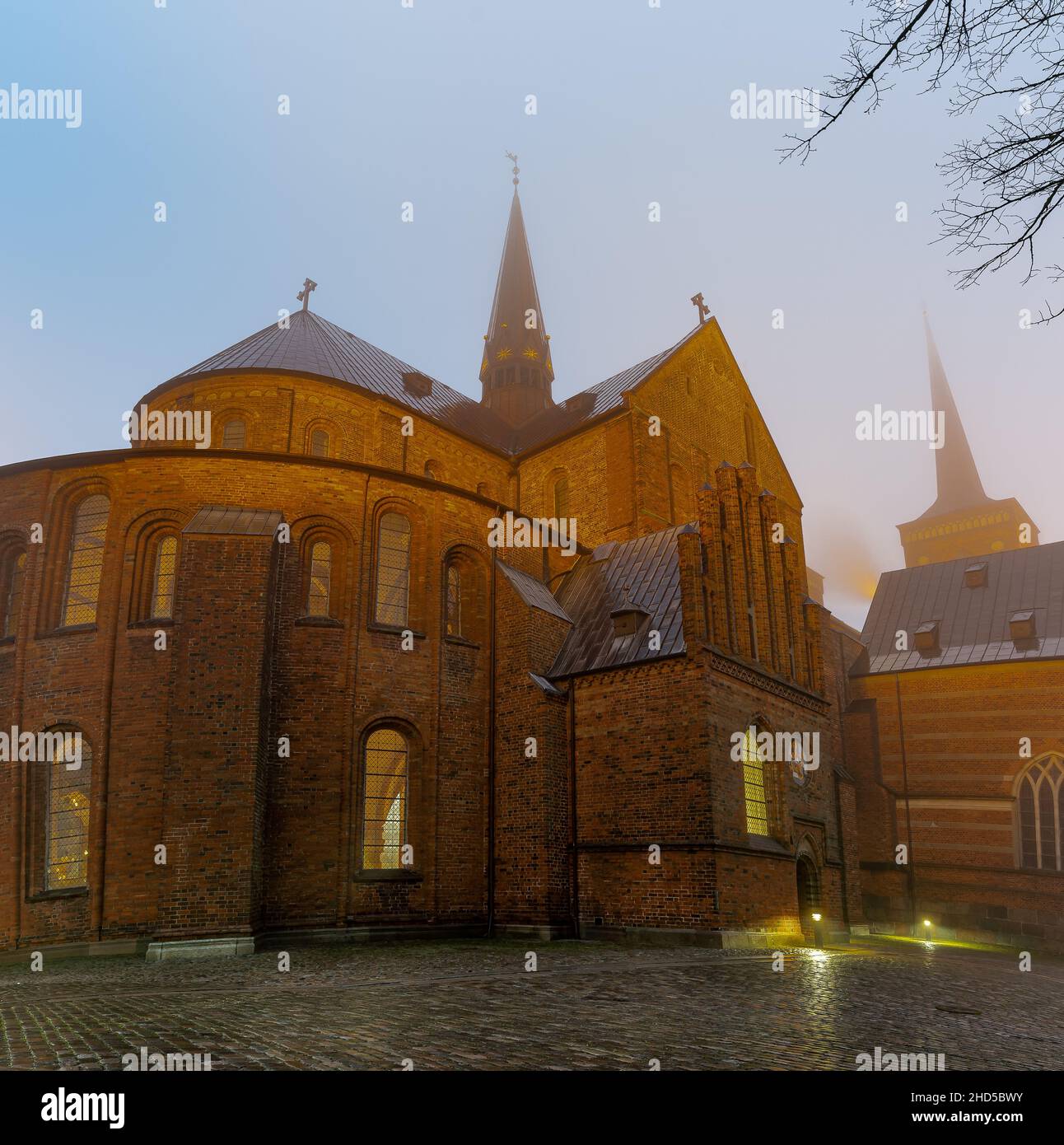 Le guglie della cattedrale di Rooskilde contro il cielo nebboso una fredda notte invernale, Roskilde, Danimarca, 1 gennaio 2022 Foto Stock