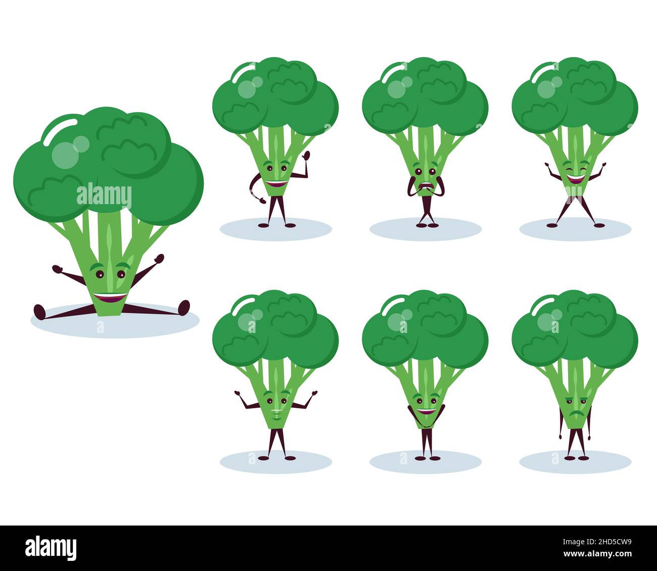 Broccoli set - carattere ed emozione. Eroe antropomorfo. Illustrazione vettoriale in stile cartoon. Illustrazione Vettoriale