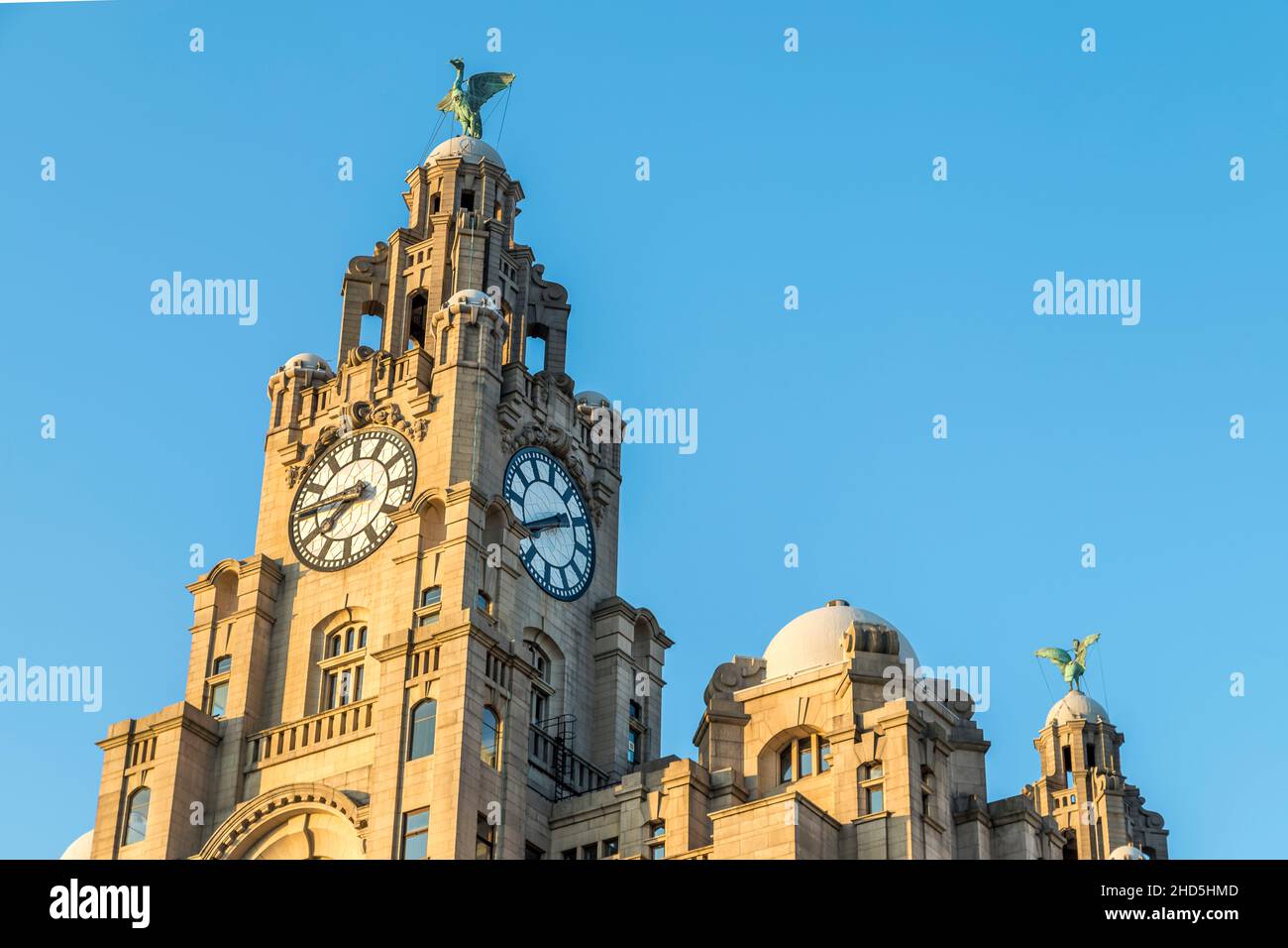 I due uccelli del fegato arroccati sul Royal Liver Building sullo skyline di Liverpool al tramonto. Foto Stock